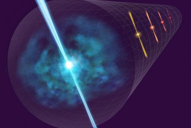 Koncepcyjny obraz tych badań: wykorzystywanie rozbłysków gamma do wyznaczania odległości we Wszechświecie.