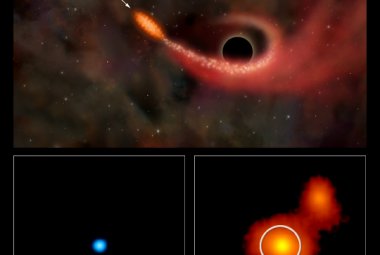 U góry: artystyczna wizja pochłaniania gwiazdy przez supermasywną czarną dziurę. Na dole: możliwa obserwacja takiego procesu w galaktyce RXJ 1242-11.