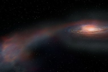 Wizja artystyczna przedstawiająca strumień gazu i gwiazd, które zostały wyrzucone z masywnej galaktyki podczas jej łączenia się z mniejszą galaktyką.