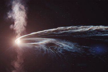 Wizja artystyczna rozerwania pływowego, w którym supermasywna czarna dziura rozrywa i pożera gwiazdę.