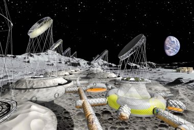 Wizja przyszłej osady na Księżycu złożonej z częściowo zakopanych nadmuchiwanych habitatów.