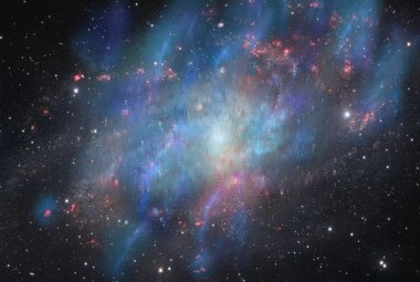 Wizja artystyczna wiatrów napędzanych promieniami kosmicznymi nałożona na obraz galaktyki M33.