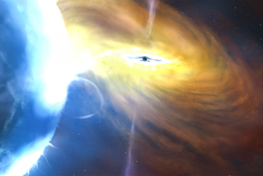 Wizja artystyczna układu Cygnus X-1, z czarną dziurą w centrum i towarzyszącą jej gwiazdą.