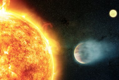 Wizja artystyczna przedstawiająca gazowego olbrzyma (na dole po prawej) blisko okrążającą swoją gwiazdę (z lewej), z inną gwiazdą w oddali (u góry po prawej).