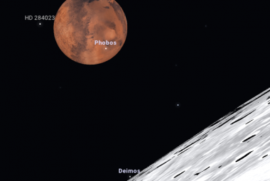 Położenie Marsa i jego księżyców względem tarczy Księżyca o godzinie 6:00:33 (dla Łodzi). Źródło: https://stellarium-web.org/.
