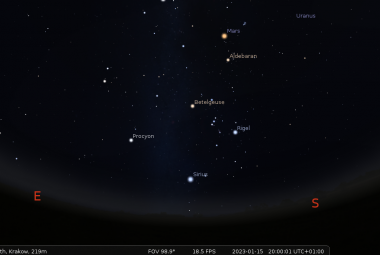 Na ilustracji: Niebo nad Małopolską, 15 stycznia 2023 r. o godzinie 20. Źródło: Stellarium.org.