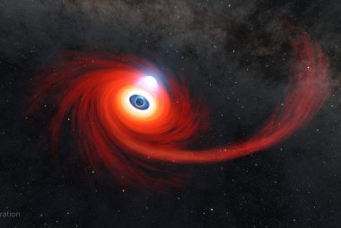 Dysk gorącego gazu wiruje wokół czarnej dziury. Strumień gazu rozciągający się w prawo jest pozostałością po gwieździe rozerwanej przez czarną dziurę.