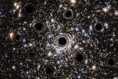 Wizja artystyczna zbioru czarnych dziur w jądrze gromady galaktyk.
