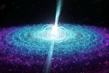 Wizja artystyczna silnego pola magnetycznego gwiazdy neutronowej.
