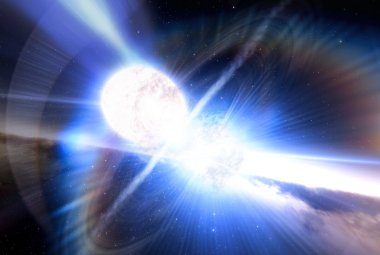 Wizja artystyczna zderzających się gwiazd neutronowych, z których powstaje kilonowa.