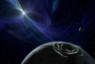 Wizja artystyczna pulsara PSR B1257+12 i jego planet.