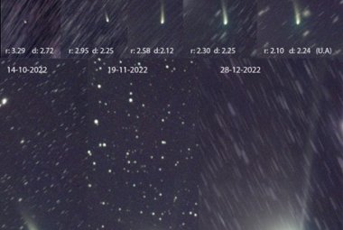 Na zdjęciu: Kadry z czasu odkrycia komety ZTF w czerwcu 2022 (u góry) oraz w miarę jaśnienia i zbliżania się do Ziemi (d – dystans od Ziemi) i Słońca (r – odległość od Słońca w jednostkach astronomicznych, UA). Źródło: Didac Mesa Romeu.