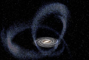Wizja artystyczna przedstawiająca galaktykę karłowatą Strzelca zbliżającą się do Drogi Mlecznej.