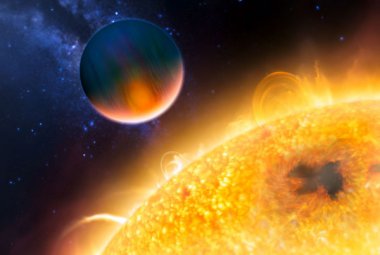 Wizja artystyczna egzoplanety typu gazowego olbrzyma przechodzącej blisko powierzchni swojej gwiazdy macierzystej.