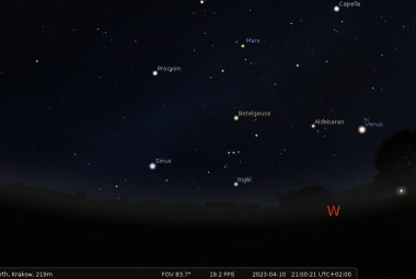 Na ilustracji: Południowo-wschodnie niebo, 10 kwietnia 2023 r., godz. 21. Źródło: Stellarium.