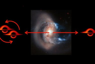 Na ilustracji: Obraz scenariusza „procy”, która mogła katapultować supermasywną czarną dziurę z dala od jej macierzystej galaktyki po tym, jak trzy supermasywne czarne dziury zbliżyły się do siebie. Źródło: NASA, NAOJ, P. van Dokkum