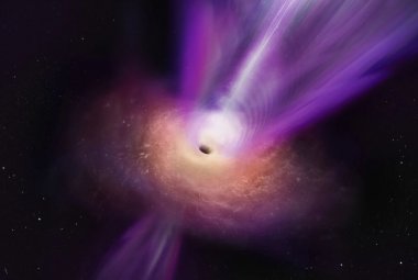 Wizja artystyczna pokazująca zbliżenie na przepływ akrecyjny i strumień wyłaniający się z regionu czarnej dziury w M87.