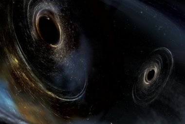 Wizja artystyczna przedstawiająca dwie łączące się czarne dziury podobne do tych wykrytych przez LIGO