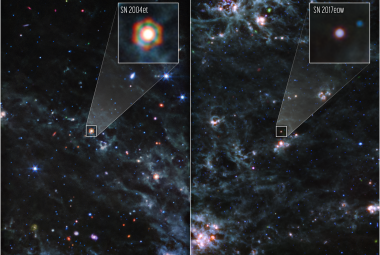 Na ilustracji: Zdjęcia wykonane za pomocą Teleskopu Webba ujawniają dużą ilość pyłu wokół supernowych SN 2004et i SN 2017eaw, które znajdują się w odległej o 22 miliony l.św. Galaktyce Fajerwerk (NGC 6946). Sześciokątny kształt obrazu SN 2004et jest artefaktem wynikającym z konstrukcji Teleskopu Webba dla jasnego obiektu. Na zdjęciu uzyskanym instrumentem MIRI kolory niebieski / zielony / czerwony zostały zamapowane następujących dla długości fali 10μm / 11,3+12,8+15,0μm / 18+21μm, Źródło: NASA, ESA, CSA