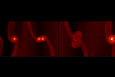Symulacja łączących się czarnych dziur oraz mini dysków wokół każdej z czarnych dziur.