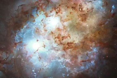Wizja artystyczna przedstawiająca dwa kwazary w jądrach dwóch galaktyk w procesie łączenia.
