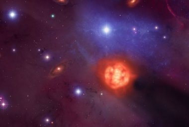 Wizja artystyczne gwiazdy AGB przechodzącej przez młody region gwiazdotwórczy.