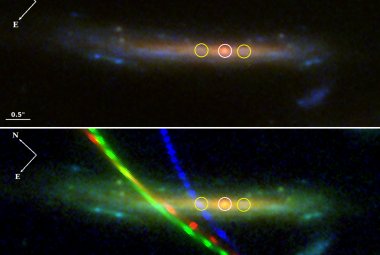 Na ilustracji: Zdjęcie w podczerwieni z Teleskopu Webba prezentuje ekstremalnie powiększony przez soczewkowanie grawitacyjne obraz kandydata na czerwonego nadolbrzyma zaznaczonego w białym okręgu, który nazwano Quyllur - co w języku keczua oznacza gwiazdę. Źródło (CC BY 4.0): Diego, J. M., i inni A&A 672, A3 (2023)