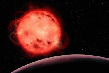 Wizja artystyczna czerwonego karła TRAPPIST-1 pokazująca jego bardzo aktywną naturę.