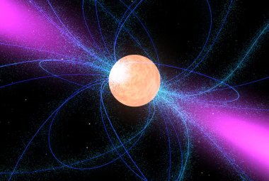 Artystyczna wizja gwiazdy neutronowej i jej pola magnetycznego