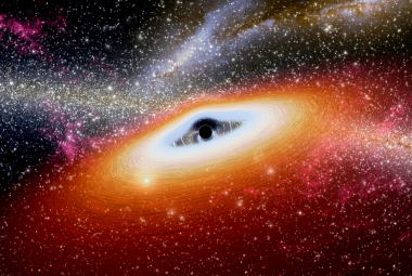 Wizja artystyczna supermasywnej czarnej dziury akreującej gaz i świecącej w dysku akrecyjnym.