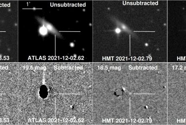 Górne panele: Obrazy wczesnej fazy pola SN 2021agco obserwowane przez ATLAS i Teleskop Półmetrowy (HMT). Dolne panele: Obrazy pozostałości z wzorcem galaktyki macierzystej odjętym od obserwacji. Źródło: arXiv (2023). DOI: 10.48550/arxiv.2310.04827