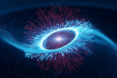 Naukowcy uważają, że energie fotonów światła podczerwonego z biegunów pulsara są wzmacniane do energii promieniowania gamma (niebieskiego) przez ultra-relatywistyczne elektrony. CREDIT: Science Communication Lab for DESY.