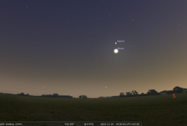 Na ilustracji: Księżyc i Saturn nad Małopolską, niebo południowe. 20 listopada 2023, godzina 16:30. Źródło: Stellarium.org.