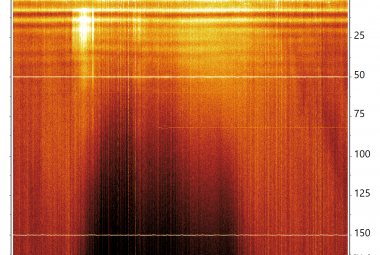 Dobowe zmiany widma fluktuacji magnetycznych fal ELF w zakresie od 0,03 do 165 Hz z 15 lutego 2022. Każda pionowa linia to widmo policzone z 75-sekundowej serii pomiarów fluktuacji pola magnetycznego mierzonych nowym magnetometrem ELA11 w stacji pomiarowej Hylaty w Bieszczadach. Dobrze widać poziome pasy kolejnych rezonansów Schumanna na 8, 14, 20, ... Hz we wnęce rezonansowej Ziemia-jonosfera, linię sieci elektrycznej 50 Hz z jej harmoniczną na 150 Hz, słabą linię sieci 60 Hz oraz — po godzinie 10 UT — lin