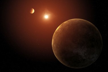 Wizja artystyczna przedstawiająca dwie z siedmiu odkrytych planet krążących wokół gwiazdy podobnej do Słońca.