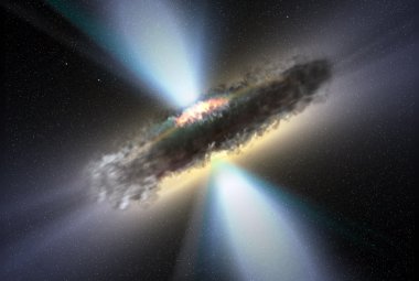 Wizja artystyczna grubego torusa pyłowego otaczającego supermasywne czarne dziury i dyski akrecyjne.