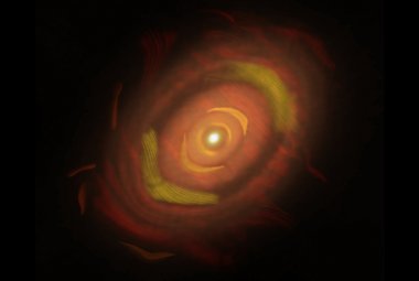 Pierścienie pyłu otaczające HL Tauri, z wzorami linii pokazującymi orientację spolaryzowanego światła.
