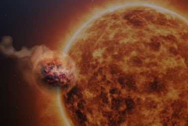 Wizja artystyczna egzoplanety WASP-107b i jej gwiazdy macierzystej.