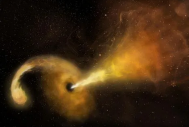 Czarna dziura rozrywającą gwiazdę na strzępy i emitująca przy tym potężną wiązkę energii. (NRAO/AUI/NSF/NASA)
