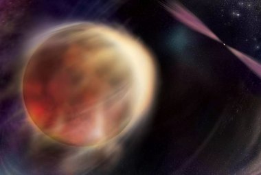 Wizja artystyczna ilustrująca gwiazdę zaćmiewającą swojego partnera, szybko wirującego pulsara.
