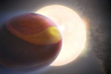 Na ilustracji: Artystyczna koncepcja egzoplanety WASP-121 b, znanej również jako Tylos. Wygląd egzoplanety opiera się na danych z obserwacji Hubble'a i wynikach symulacji komputerowych. Korzystając z obserwacji Hubble'a, inny zespół naukowy poinformował wcześniej o wykryciu metali ciężkich, takich jak magnez i żelazo, ulatniających się z górnej atmosfery tej ultragorącej egzoplanety. Tylos krąży bardzo blisko swojej gwiazdy macierzystej, w odległości równej około 2,6% odległości Ziemi od Słońca, co sprawia,