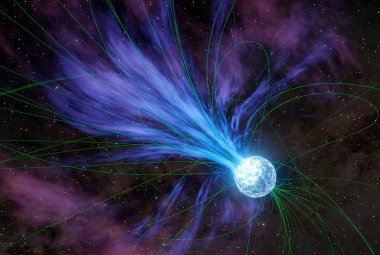 Na tej koncepcji artystycznej magnetar traci materię w przestrzeni kosmicznej w wyniku wyrzutu, który spowolniłby jego rotację.