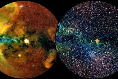 Sekcja nieba eRosita All-Sky Survey Catalog (eRASS1) w dwóch różnych reprezentacjach.