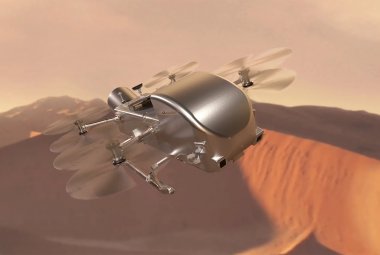 Artystyczna wizja Dragonfly nad powierzchnią Tytana