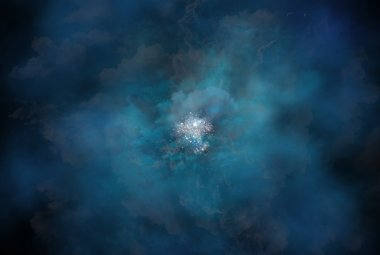 Wizja artystyczna przedstawiająca gazowe halo otaczające galaktykę, oświetlone wąskim pasmem światła UV zwanego emisją Lyman-alfa