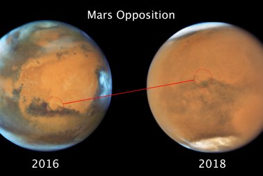 Porównanie widoku Marsa w trakcie opozycji w roku 2016 i 2018