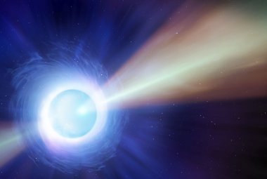 Wizja artystyczna dżetu materii pochodzącej z pierwszej potwierdzonej kolizji gwiazd neutronowych