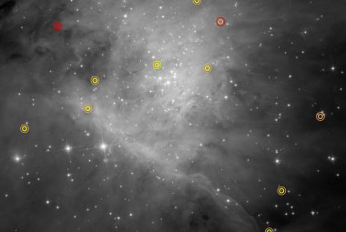 Część przeglądu teleskopu Hubble'a dla gwiazd o małej masie, brązowych karłów i planet w mgławicy Oriona. Każdy symbol identyfikuje parę obiektów, które można zobaczyć jako pojedynczą kropkę światła. Czerwony krąg to planety, pomarańczowy to brązowe karły, a żółte kropki planety. W lewym górnym rogu znajduje się para planet, które krążą wokół siebie bez gwiazdy macierzystej. Po środku, z prawej strony, znajduje się para brązowych karłów. Źródło: NASA , ESA, oraz G. Strampelli (STScI)