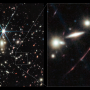 Zdjęcie gromady galaktyk WHL0137-08 wykonane przez Teleskop Webba w bliskiej podczerwieni. W dodatkowym panelu po prawej pokazano galaktykę Łuk Wschodzącego Słońca (ang. Sunrise Arc), którą widzimy w czasach, gdy Wszechświat liczył mniej niż miliard lat (z=6,2). Ten obiekt jest znany, jako aktualnie najbardziej powiększoną galaktyka w wyniku silnego soczewkowania grawitacyjnego przez WHL0137-08. Jest również galaktyką macierzystą gwiazdy Earendel. Źródło: NASA, ESA, CSA, Dan Coe (STScI/AURA for ESA, JHU)